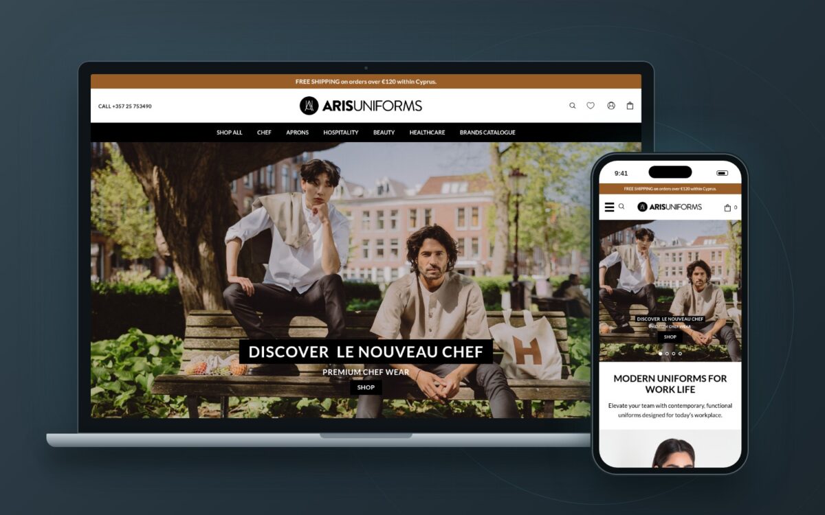 Aris Uniforms website designed by Orasimu shown on laptop and mobile