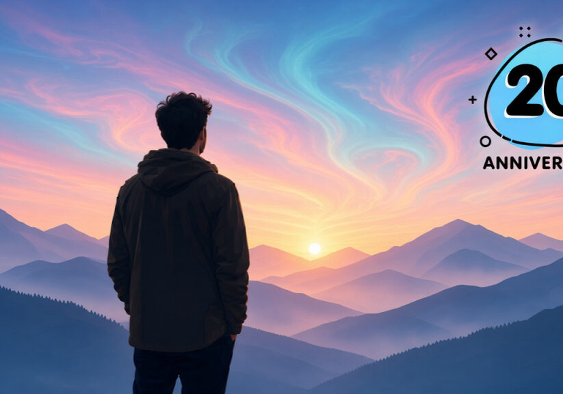 Orasimu 20th anniversary illustration of a person watching a sunrise over mountains