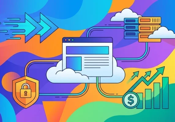 Illustration of web hosting linking a website to servers, security and sales growth