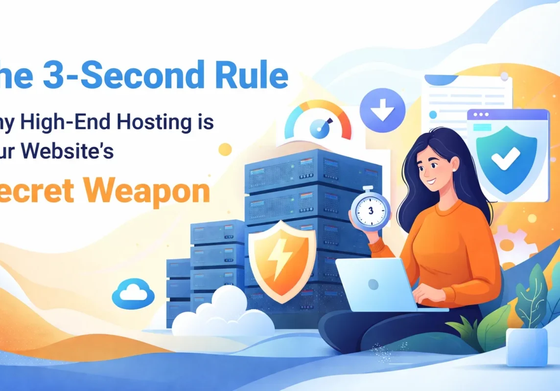 Illustration of fast, secure web hosting: a woman with a laptop and stopwatch beside servers