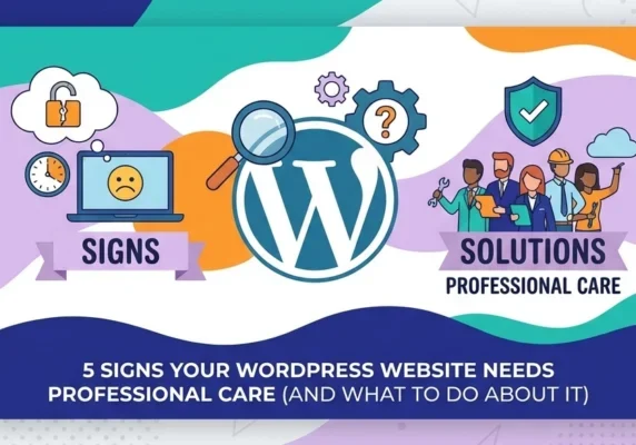 Illustration of warning signs on a WordPress website and a professional care team
