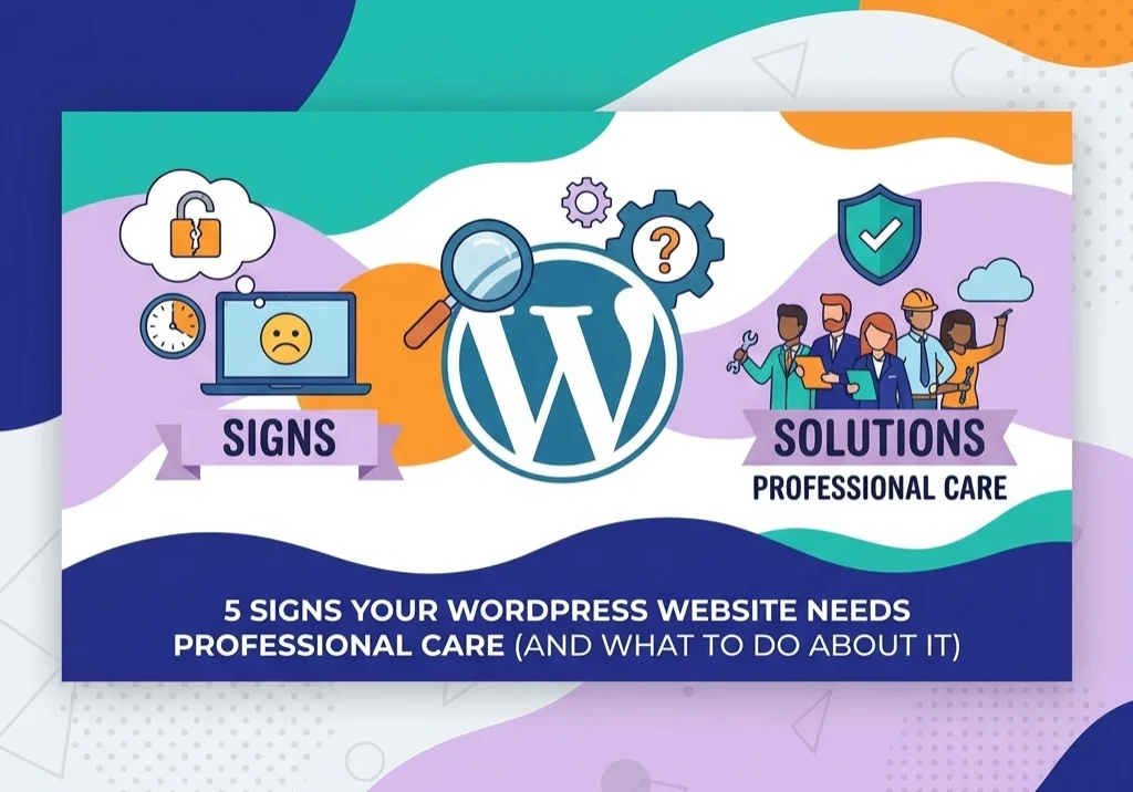 Illustration of warning signs on a WordPress website and a professional care team