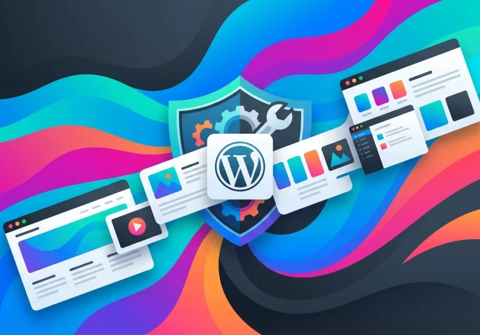 Illustration of WordPress maintenance: a shield with tools protecting website pages