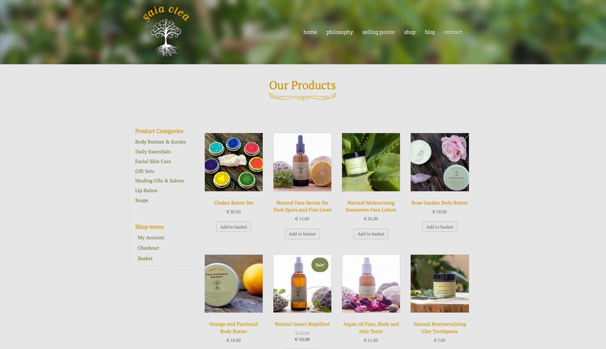 The Gaia Olea online shop, designed and built by Orasimu